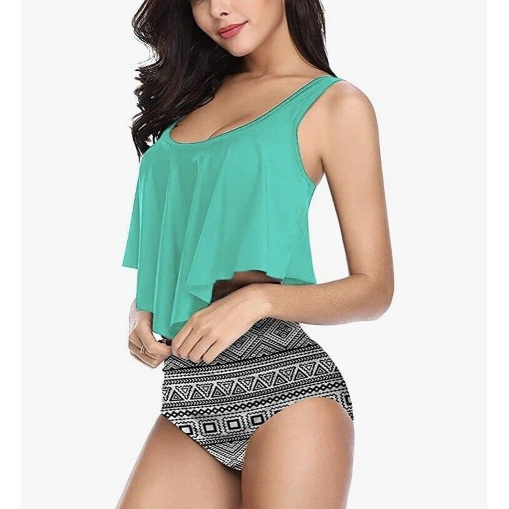 Fancyskin Womens XXL 2XL Swimsuit Bikini Teal Aztec High Waist Tummy Control New